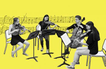 Four musicians on yellow background