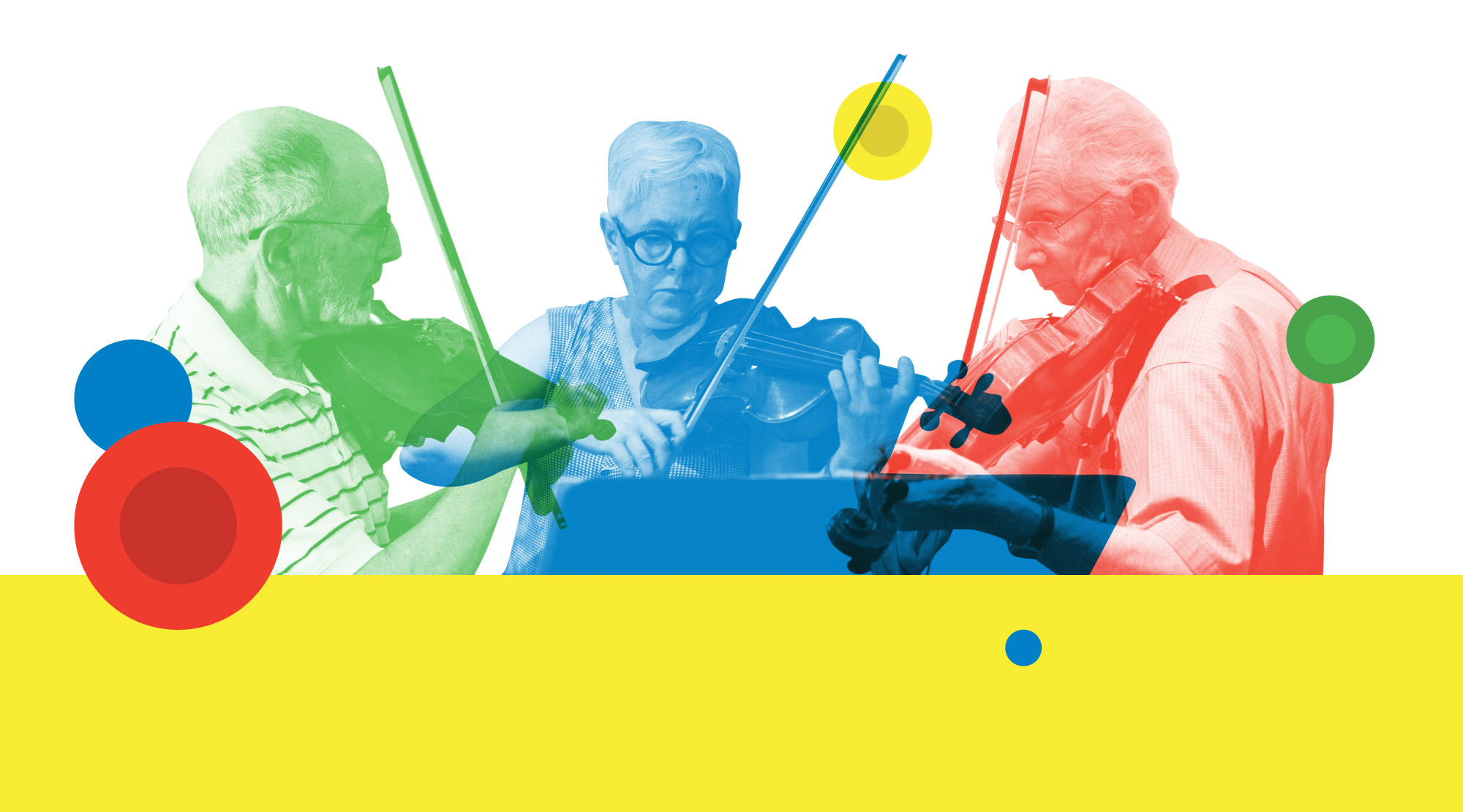 Three elderly student-musicians playing violin