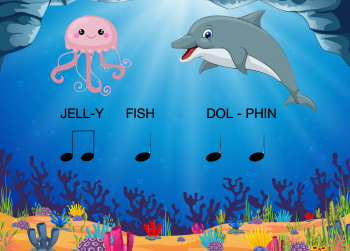 Jelly fish and dolphin above rhythm notes