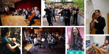 7 images of students and faculty playing instruments