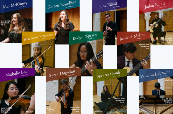 11 senior recital posters with students playing instruments in each of them