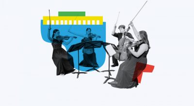Four musicians playing instruments amidst colorful shapes