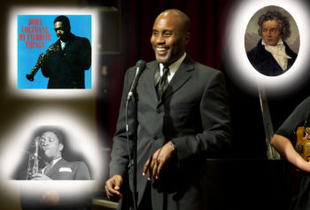 Man smiling at a microphone in the middle of the photo. John Coltrane plays saxophone in the upper right corner. Classical musician portrait in the upper right corner. Man playing saxophone in the lower left corner.