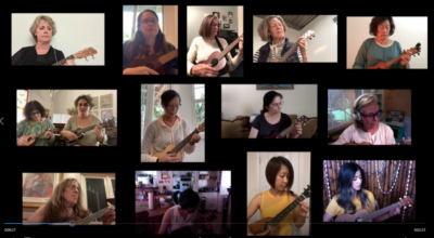 13 women in different virtual boxes playing ukulele
