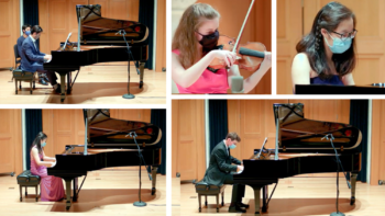 4 students play piano and one student plays violin in 5 different boxes.