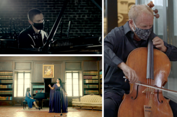 Upper Left: Male Pianist in a face mask. Lower left: Singer and accompanist performing. Right: Cellist performing