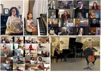 A photo collage of students young and old performing and learning