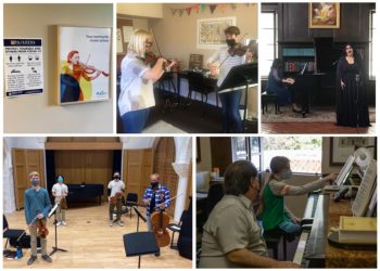 A photo collage of students young and old performing and learning