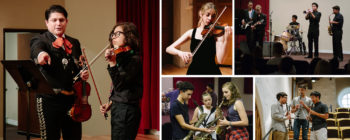 Photo collage of various students playing their instruments