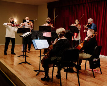 7 adult string musicians on stage masked