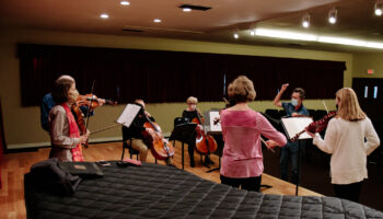 5 adult string musicians on stage