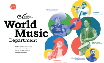 Animated world music faculty holding instruments
