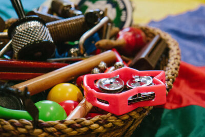 Basket of percussion instruments