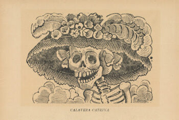 A sketch drawing of a skeleton wearing an elaborate hat.